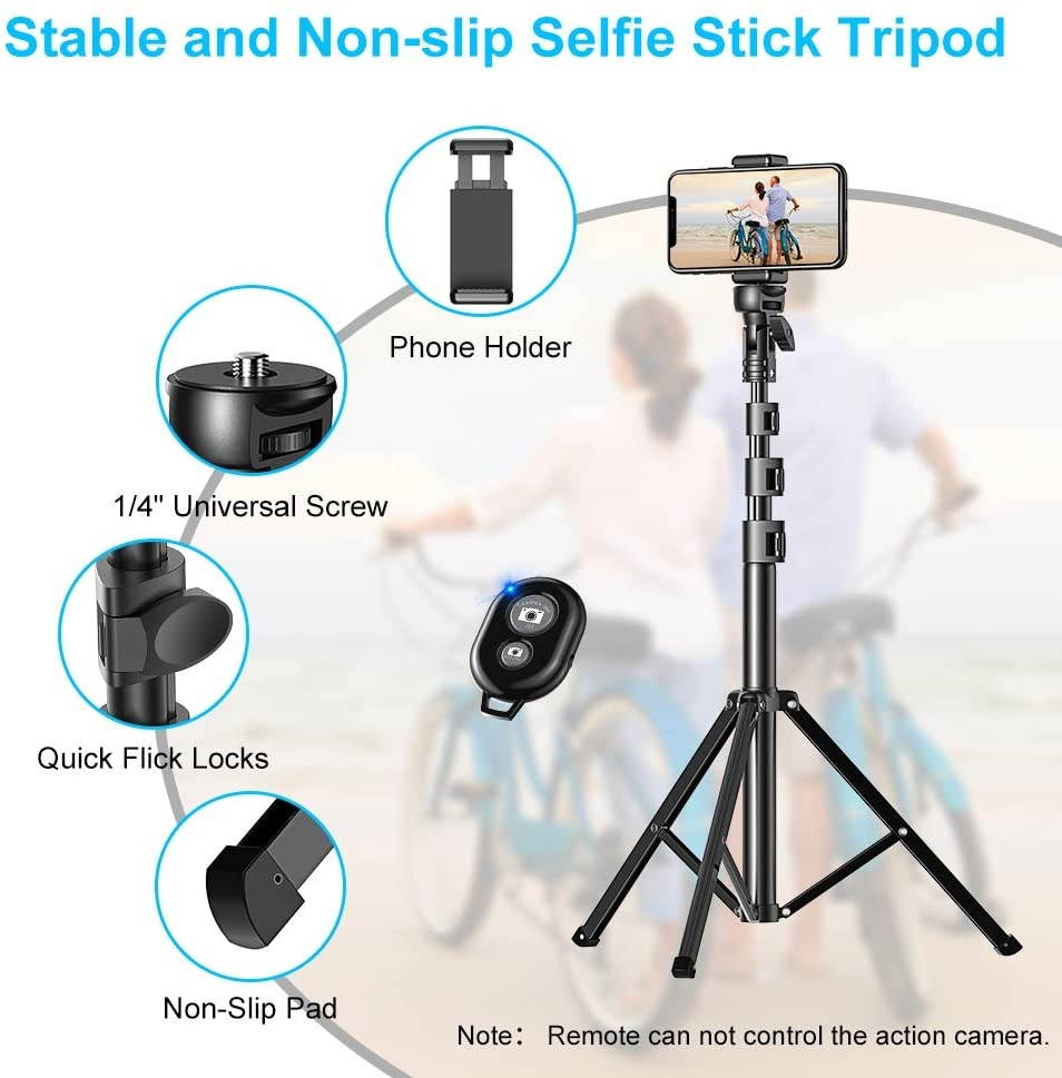Phone Tripod, 51&ldquo; Extendable Selfie Stick Tripod Bluetooth, All-in-One Travel Tripod with Remote, Compatible with iPhone 11 Pro Max/11 Pro/11/XS/XS Max/XR/X/8, Galaxy S20/S10, Camera, Gopro