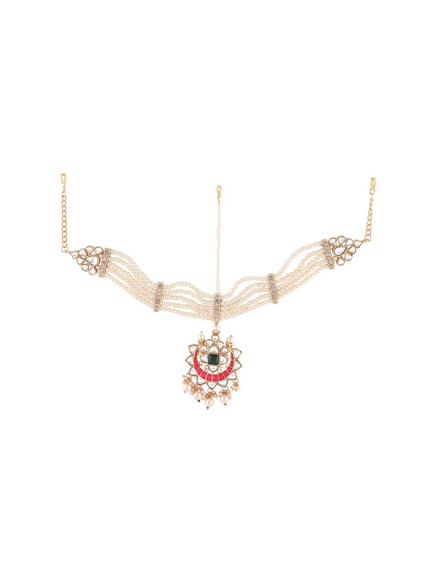 Zaveri Pearls Pink Meenakari Crescent Bridal Kundan Multistrand Pearls MathaPatti-ZPFK13195