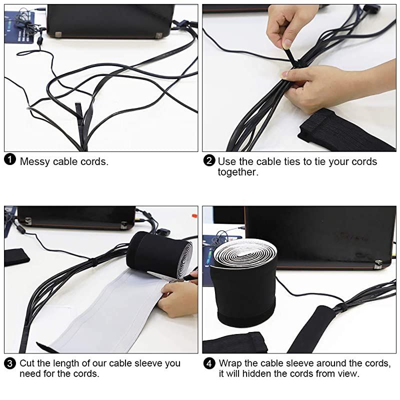 118Inch Cuttable Cable Cord Sleeves with 50 Pcs Cable Ties Reusable Neoprene Wire Management Sleeves Organizer for TV Computer Office Desk