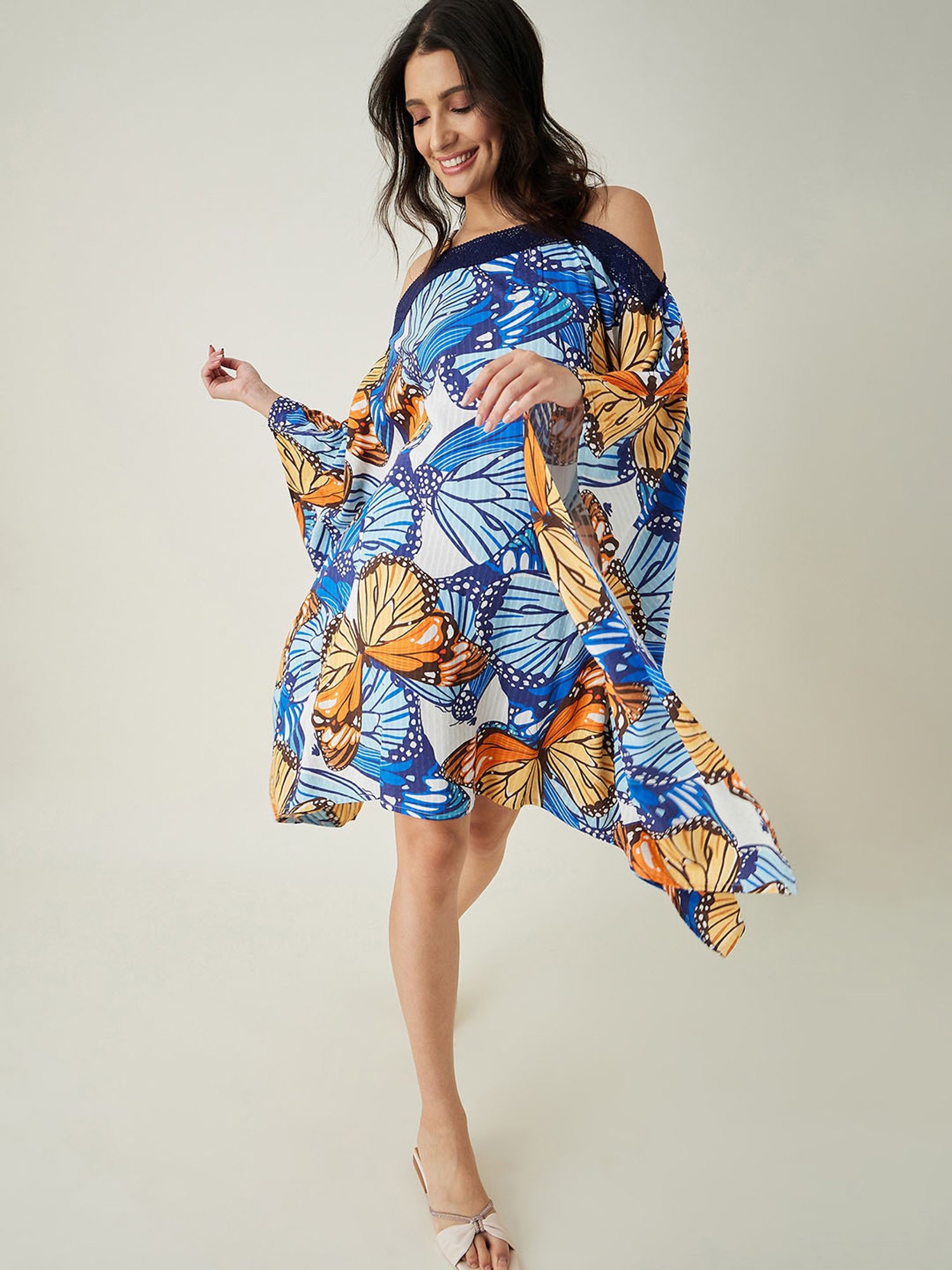 The Kaftan Company Blue Printed Kaftan Beachwear Dress
