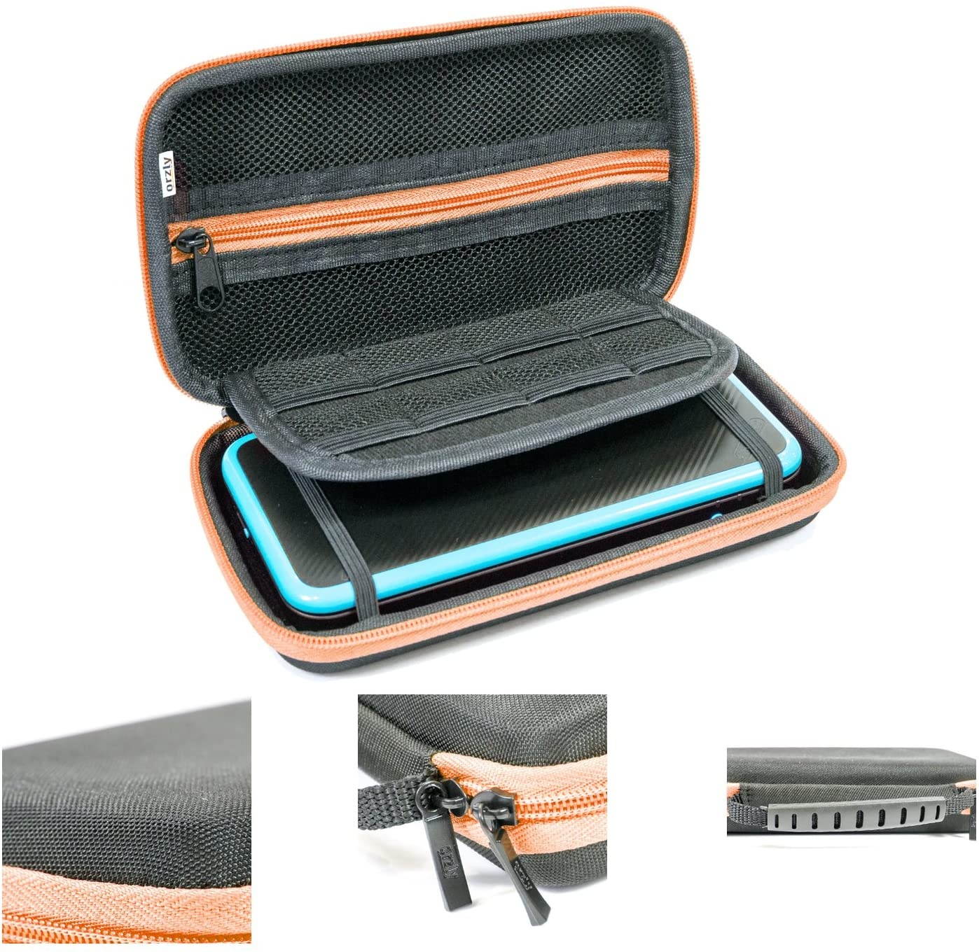 2DS XL Case, Orzly Carry Case for New Nintendo 2DS XL - Protective Hard Shell Portable Travel Case Pouch for New 2DS XL Console with Slots for Games & Zip Pocket - Orange on Black
