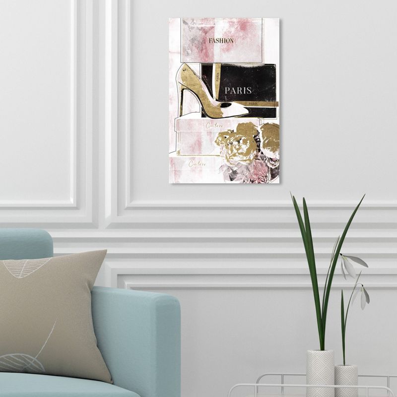 15" x 10" Glamorous Stacked Shoes Fashion and Glam Unframed Canvas Wall Art in Pink - Oliver Gal