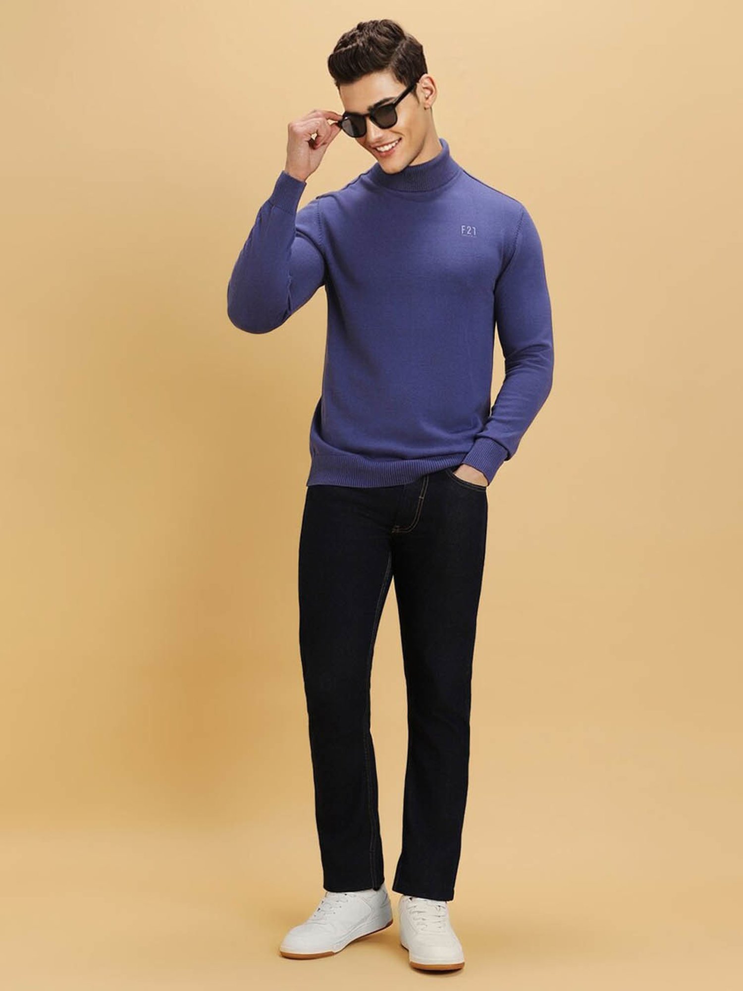 Forever 21 Blue Cotton Regular Fit Sweater