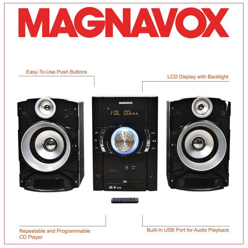 Magnavox MM440 3-Piece CD Shelf System with Digital PLL FM Stereo Radio, Bluetooth Wireless Technology, and Remote Control in Black | Blue Colored Lights | LED Display | AUX Port Compatible |