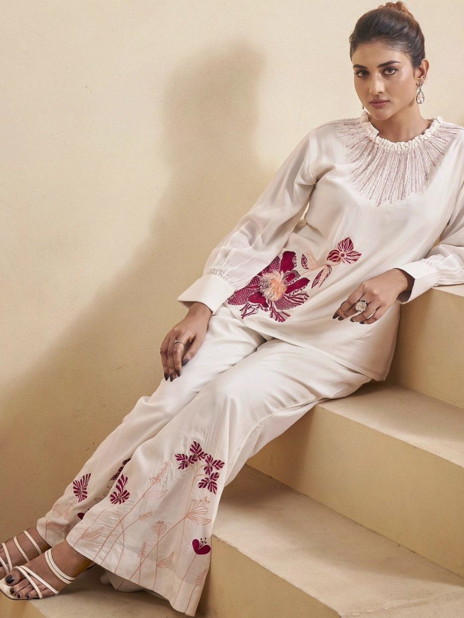 Kaftanize Off White Magnolia Blaze Ensemble Uppada Silk Top with Pant Co-Ord Set