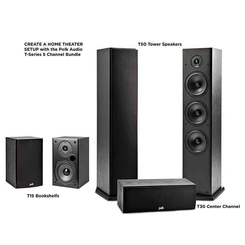 T Series 5 Channel Home Theater Bundle | Includes Two (2) T15 Bookshelf, One (1) T30 Center Channel & Two (2) T50 Tower Speakers | Premium Sound at a Great Value | Dolby and DTS Surround