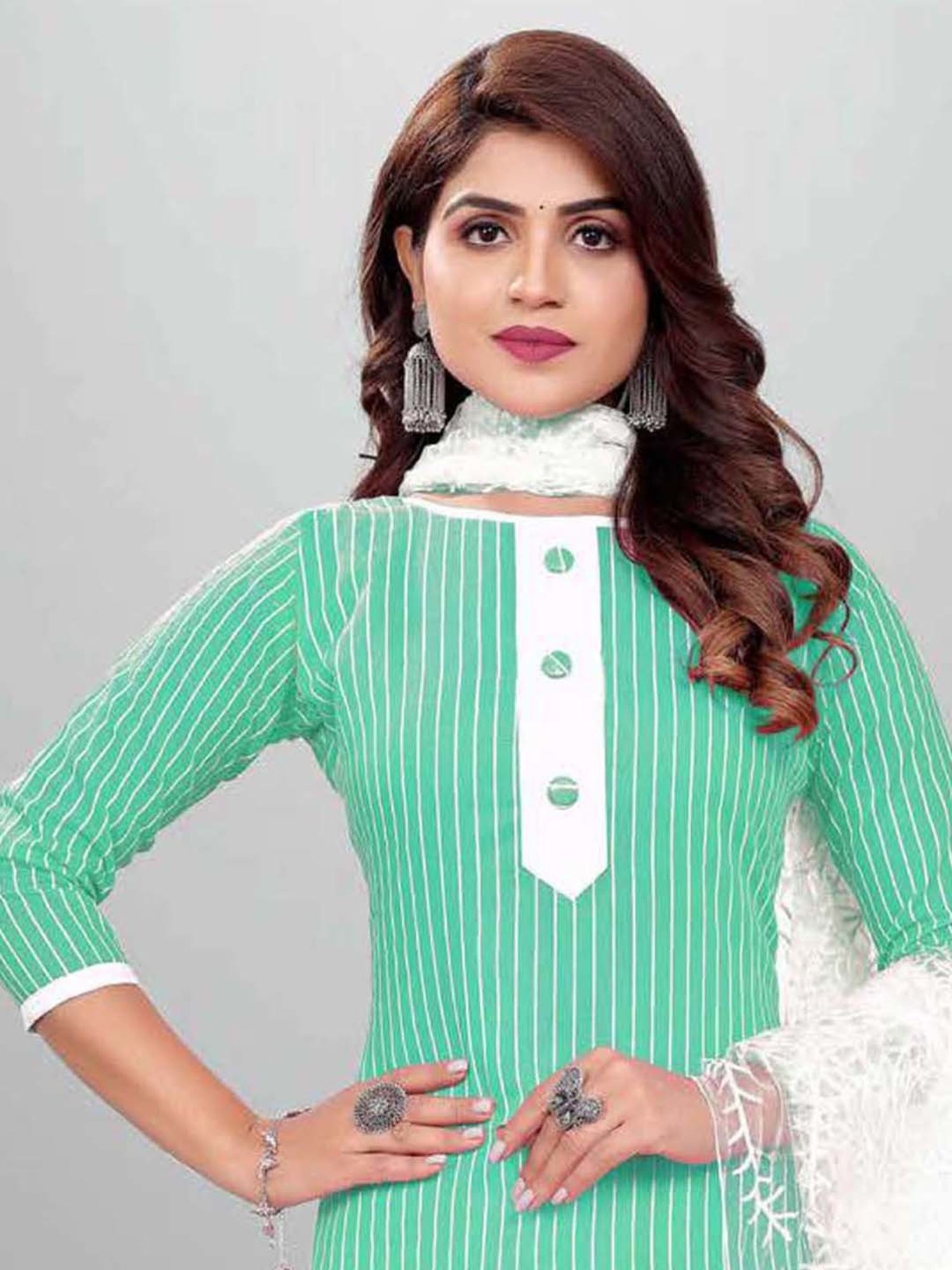 APNISHA Green & White Cotton Striped Unstitched Dress Material