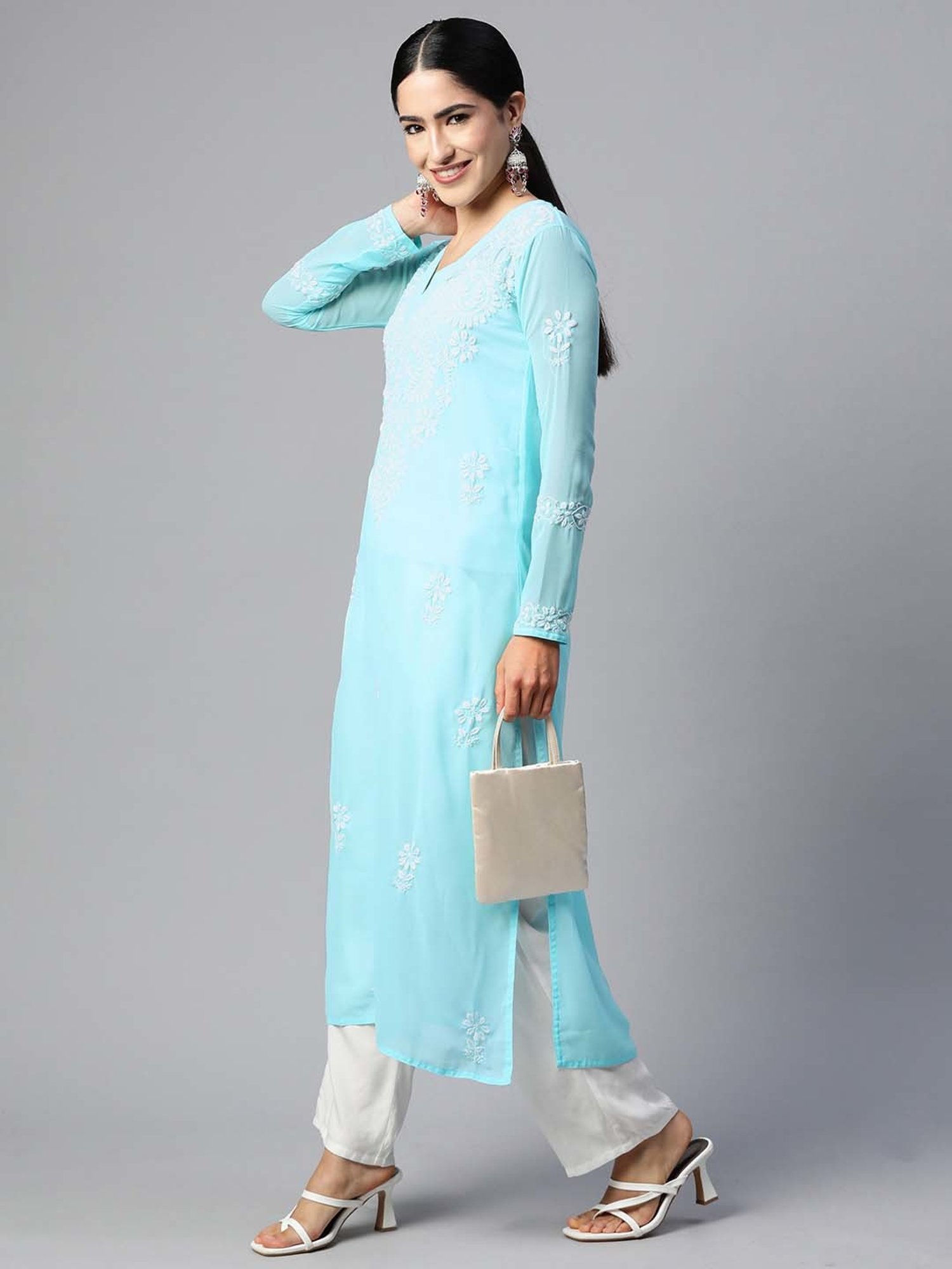 SHADES Sky Blue Chikankari Straight Kurta