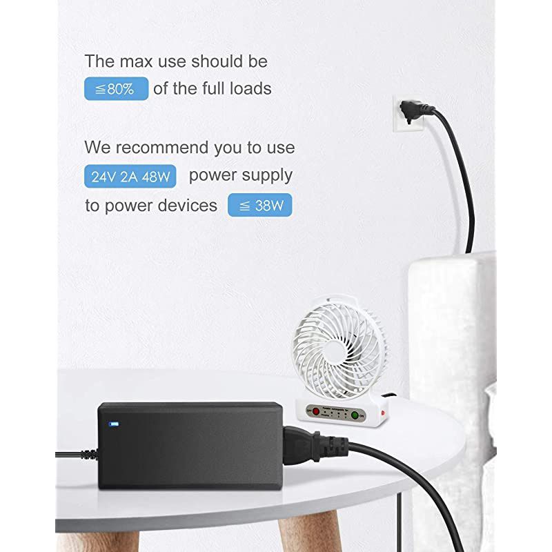 24V DC Power Supply 2A 48W ACDC Adapter 100~240V AC to DC 24 Volt 2 Amp Converter 24 vdc 2000mA 18A 15A 13A 12A with 55mmx 25mm 21mm Plug for LED Strip Light CCTV Camera DC Pump Fan