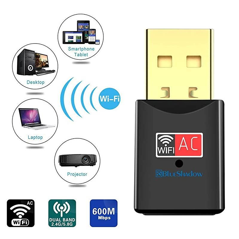 USB WiFi Adapter - Dual Band 2.4G/5G Mini Wi-fi ac Wireless Network Card Dongle with High Gain Antenna for Desktop Laptop PC Support Windows XP Vista/7/8/8.1/10 (USB WiFi 600Mbps)
