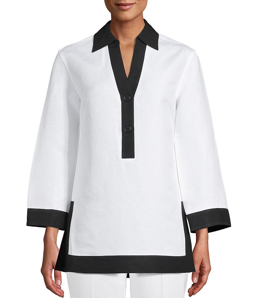 Anne Klein Colorblock Y-Neck Linen Blend Long Sleeve Button Front Tunic