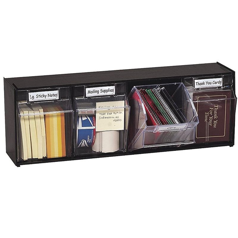 Deflecto Tilt Bin Plastic Storage System w/4 Bins 23 5/8 x 6 5/8 x 8 1/8 Black 20404OP