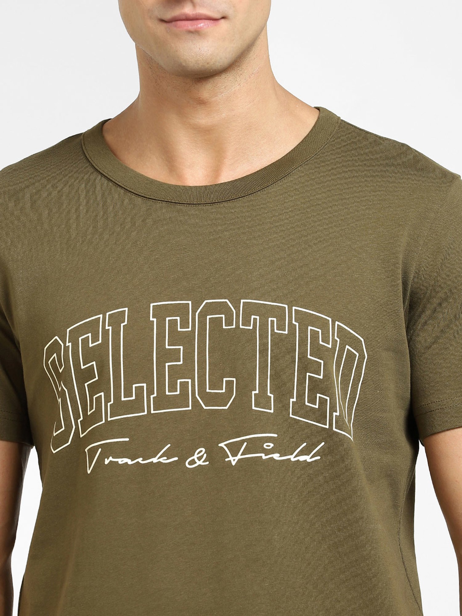 SELECTED HOMME Dark Olive Cotton Regular Fit Logo Printed T-Shirt
