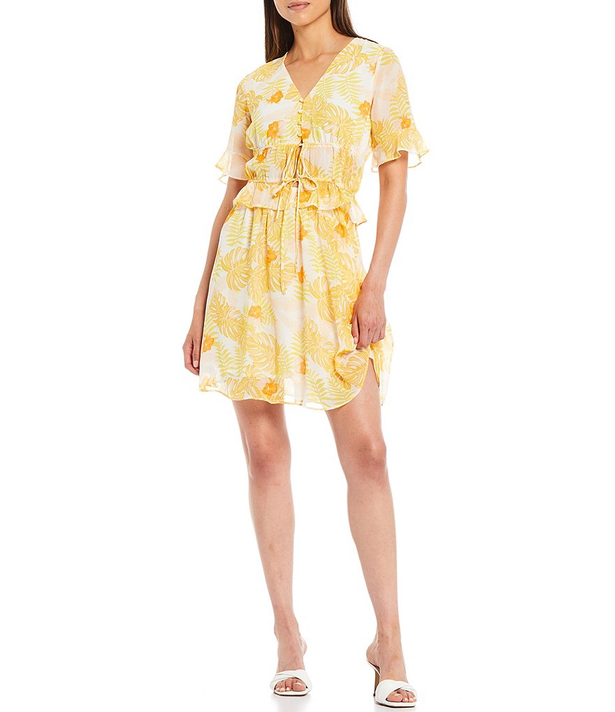 Lucy Paris Palm Print Smocked Bodice Coordinating Short Sleeve Top