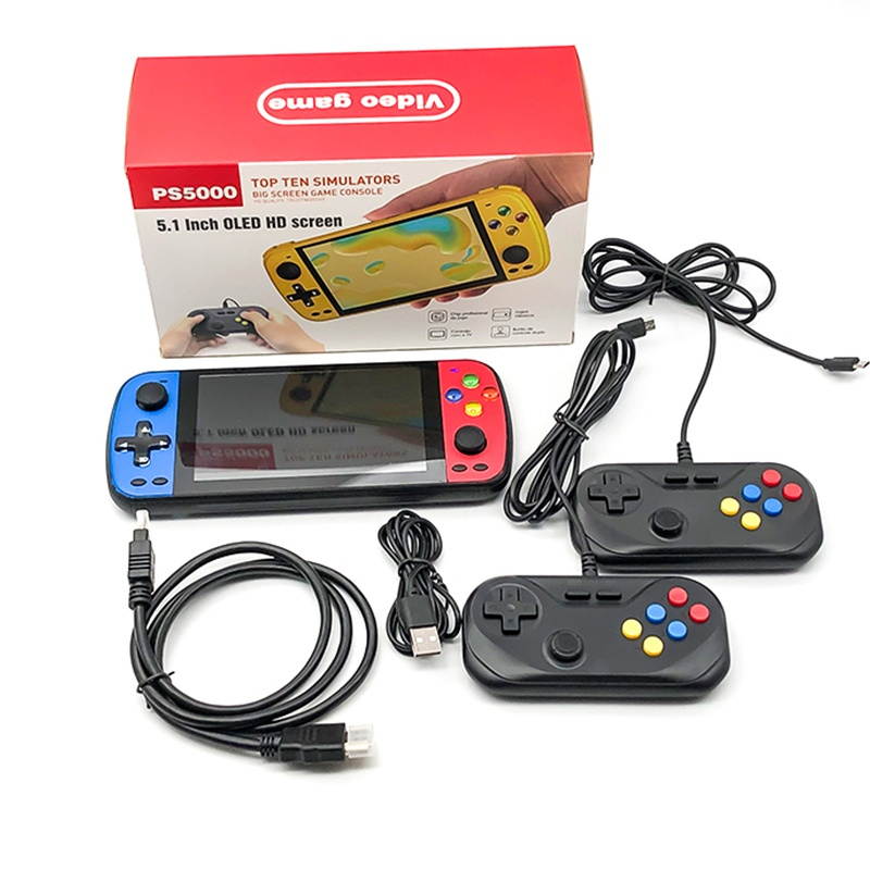 ANBERNIC PS5000 32GB 64GB 10000 Games 128 Bit Retro Handheld Game Console 5.1 inch IPS OLED HD Screen Support PS1 N64 MD CPS NEOGEO GB SFC Player with Gamepad-Blue+Red/64G