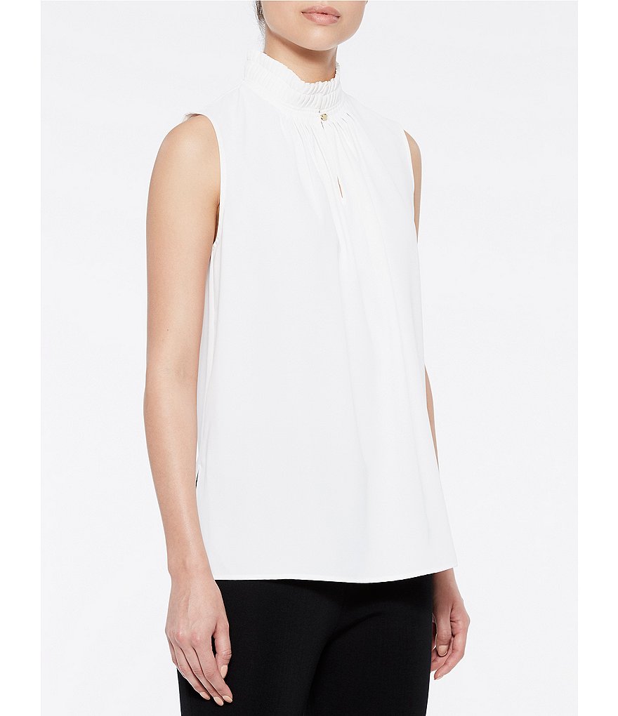 Ming Wang Crepe de Chine Pleated Split Mock Neck Sleeveless Blouse