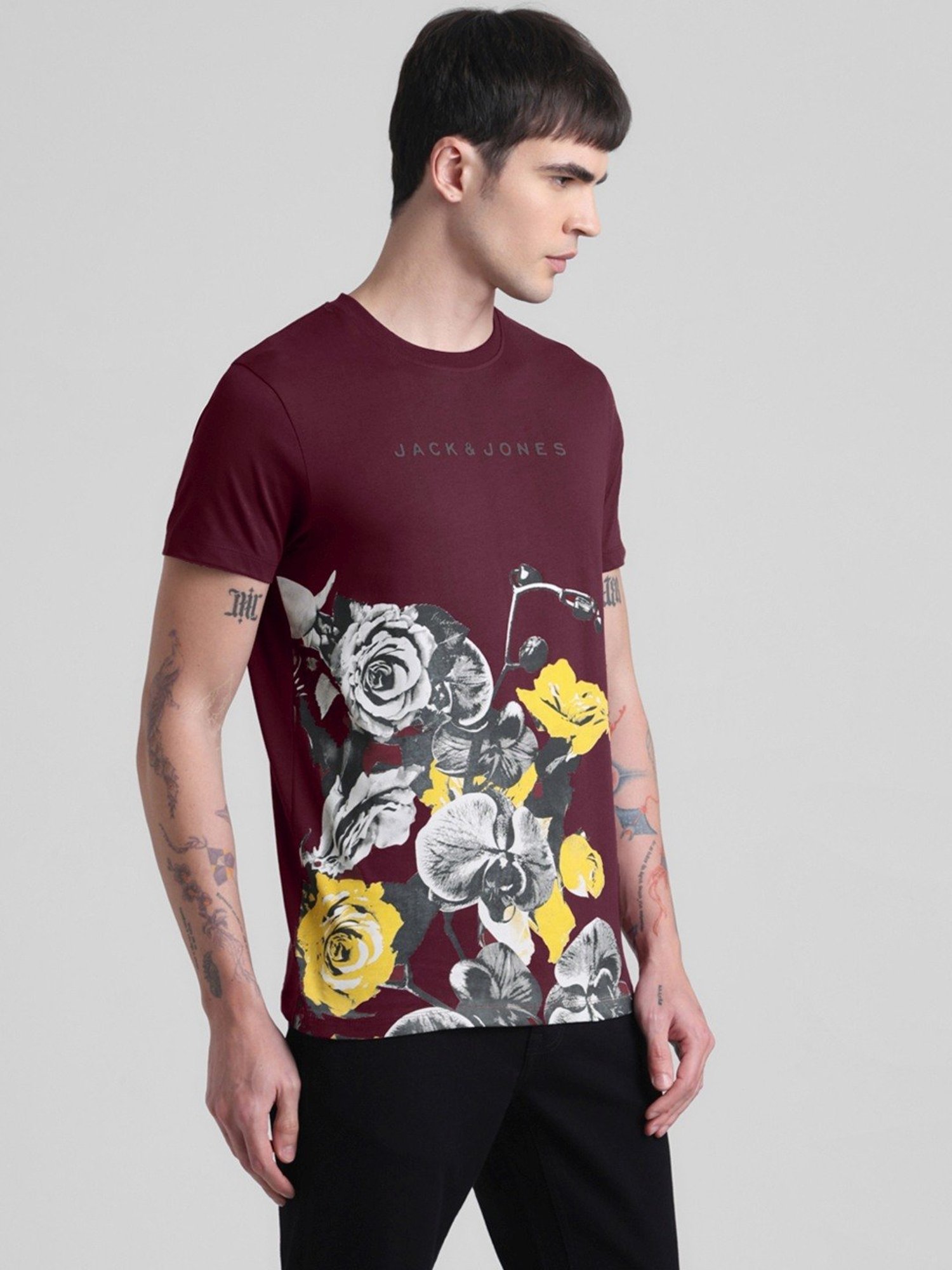 Jack & Jones Tawny Port Cotton Slim Fit Printed T-Shirt
