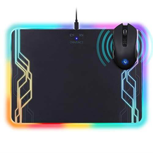 enhance powerup wireless charging led mouse pad + gaming mouse bundle - hard mat with custom lighting & programmable rgb mouse