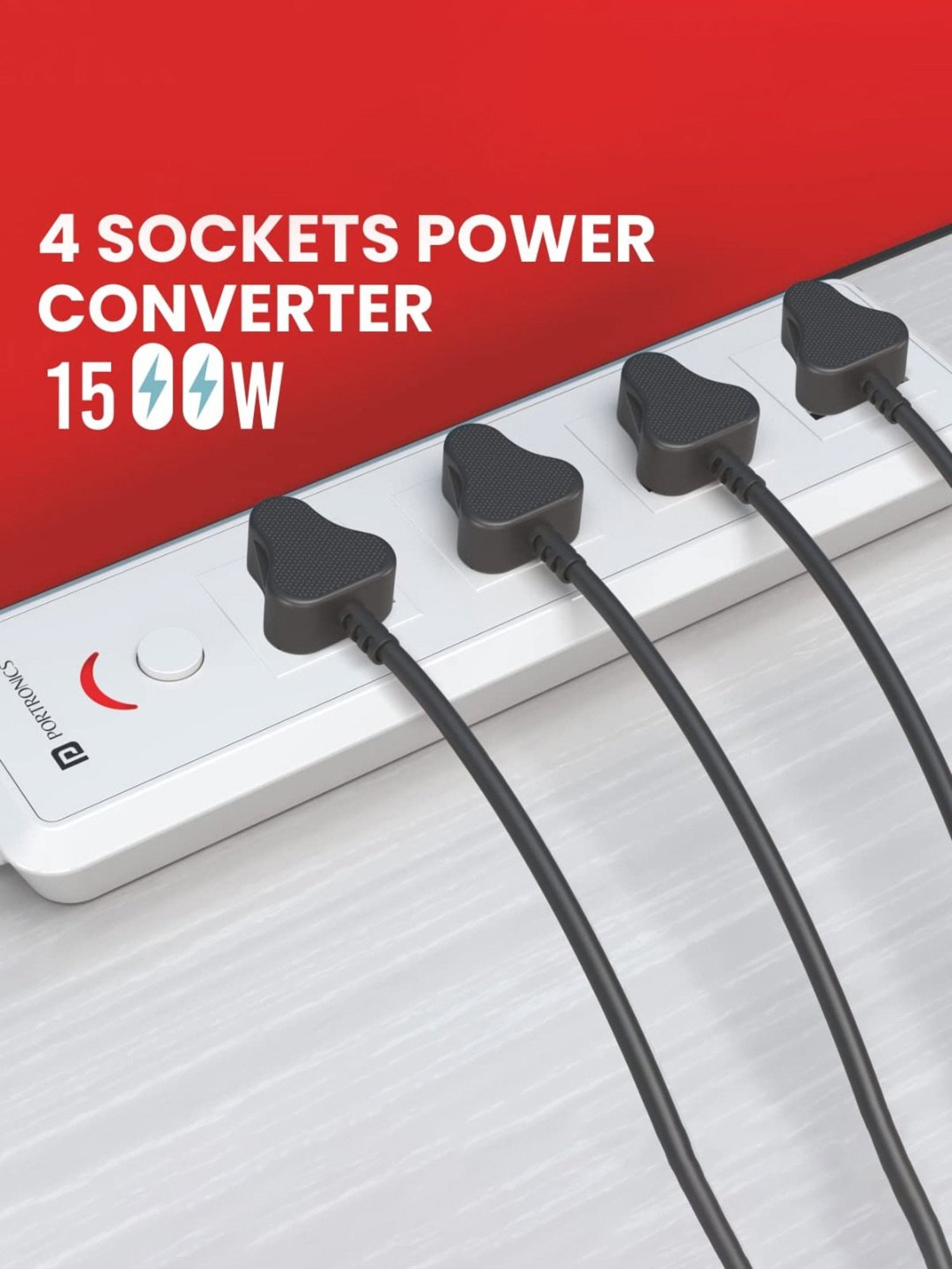 Portronics Power Plate 11 1500W Power Converter with 4 Power Sockets, 3M Cord Length (White)
