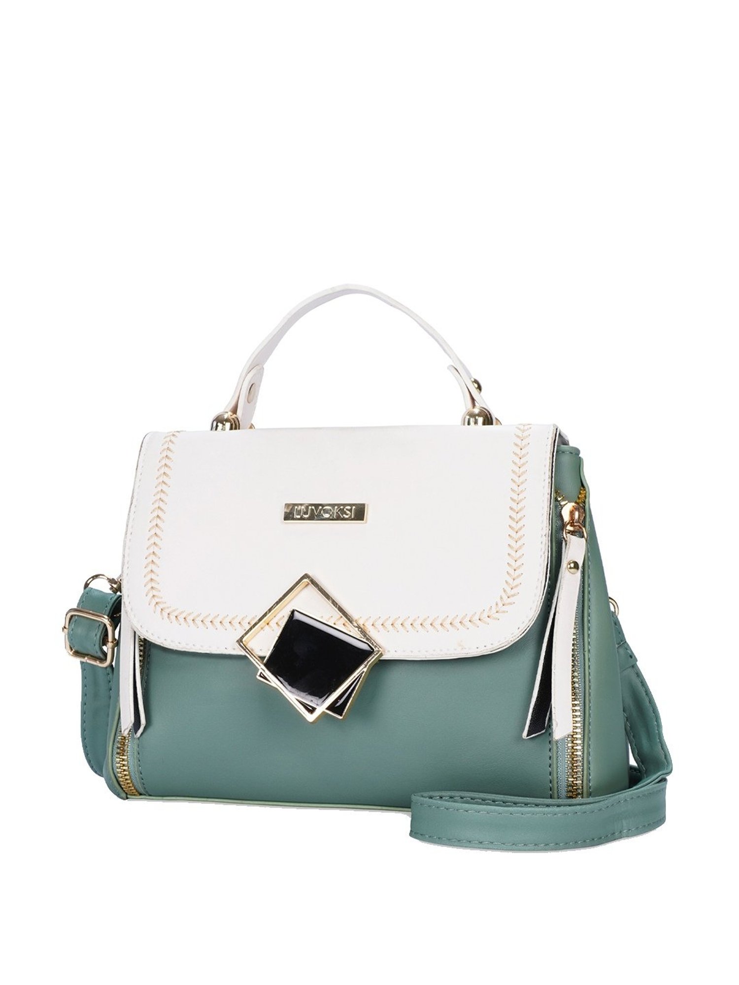 Luvoksi White & Green Embellished Medium Satchel Handbag