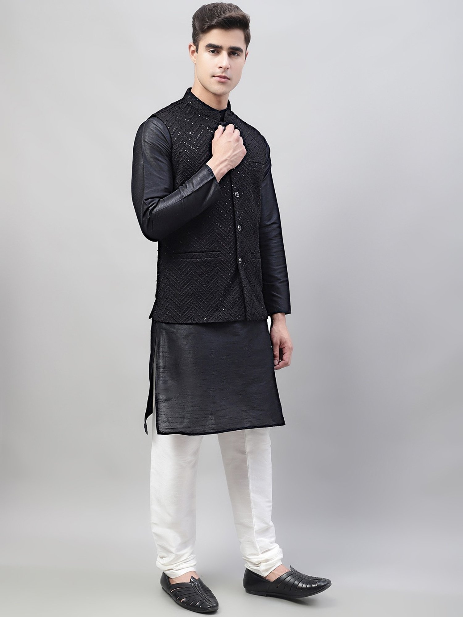 Jompers Black & White Regular Fit Embroidered Kurta Set With Jacket
