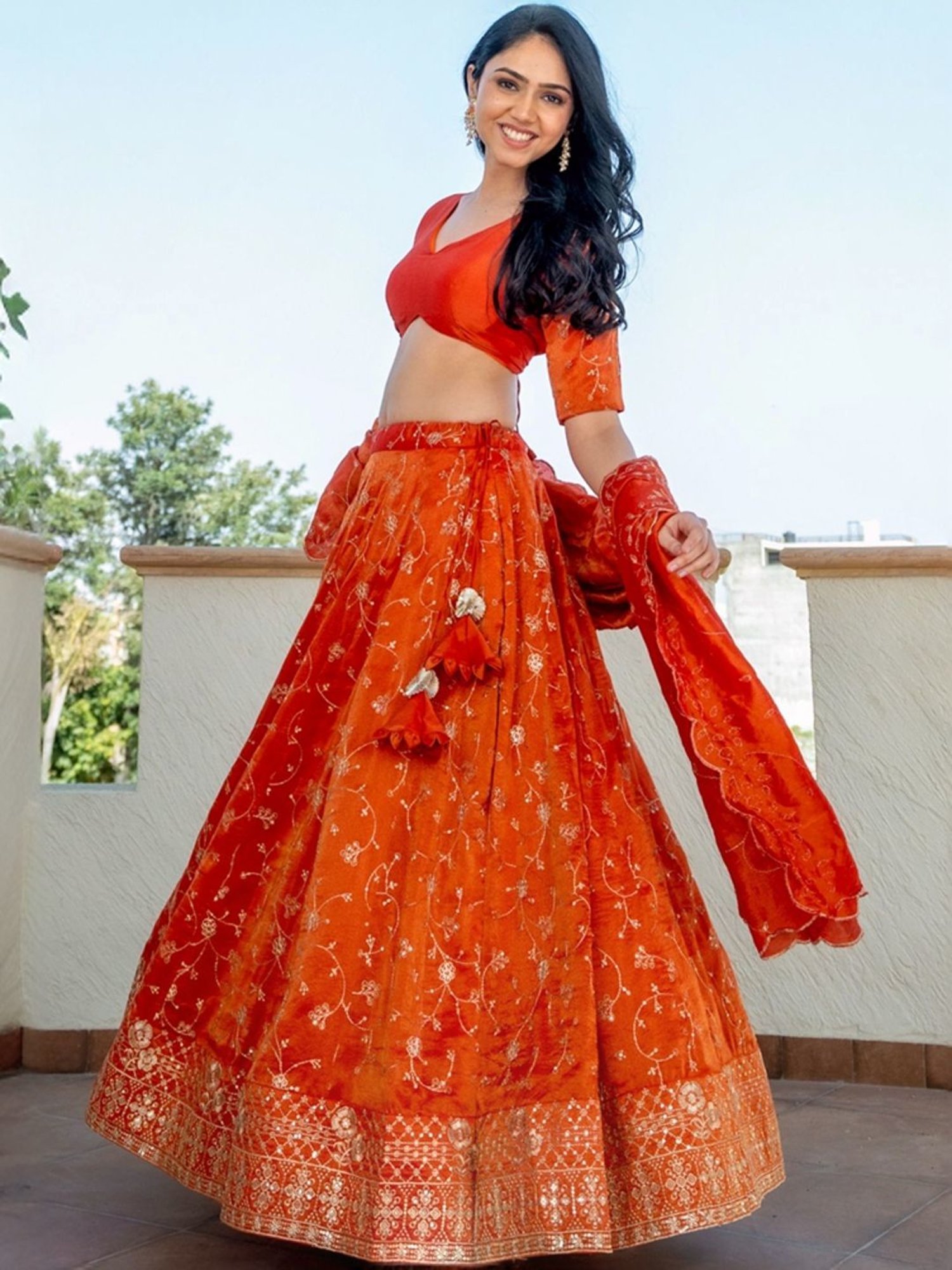 HOUSE OF JAMOTI Orange Embroidered Lehenga Choli Set With Dupatta