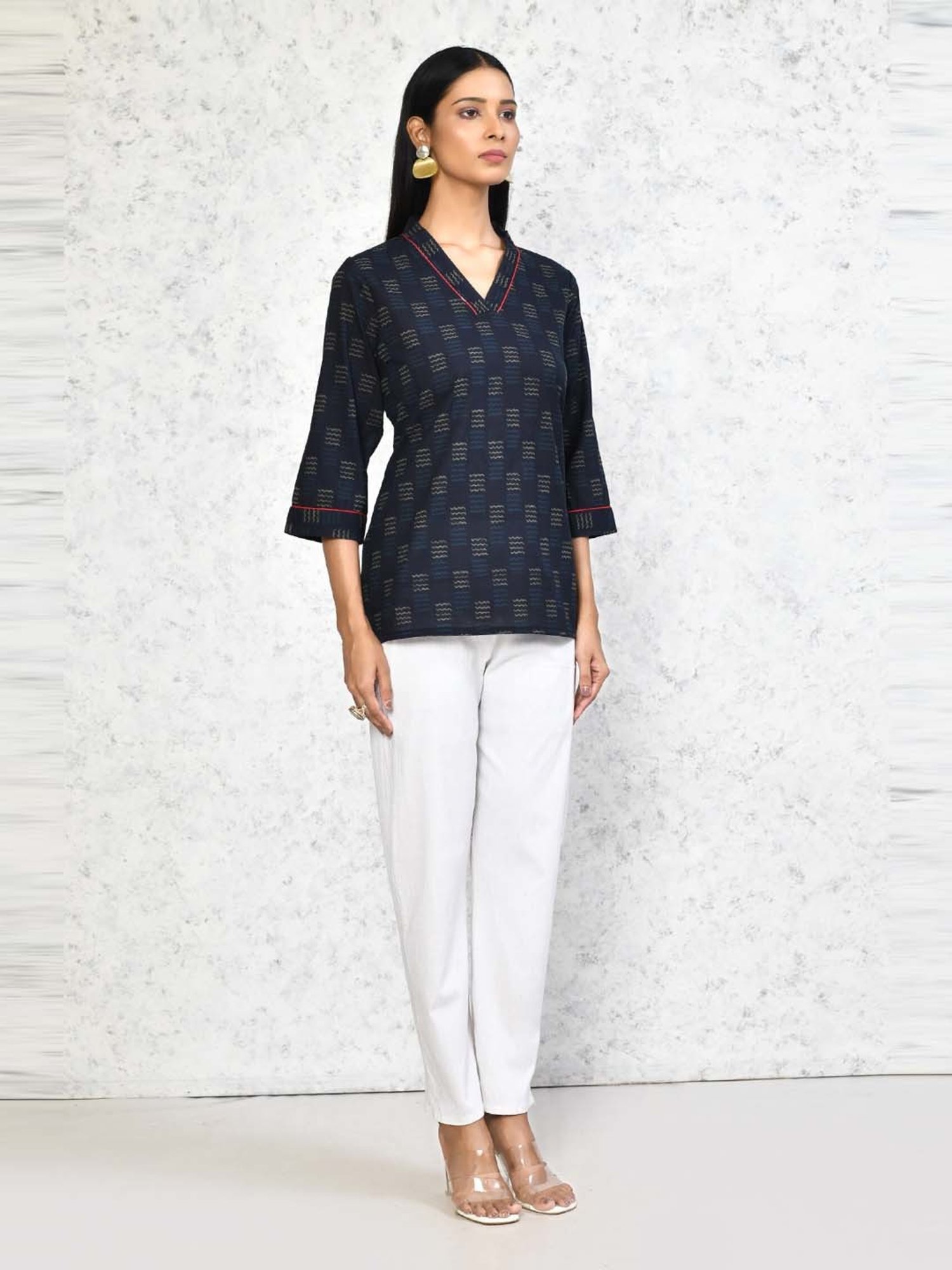 Miravan Blue Cotton Printed A Line Short Kurti