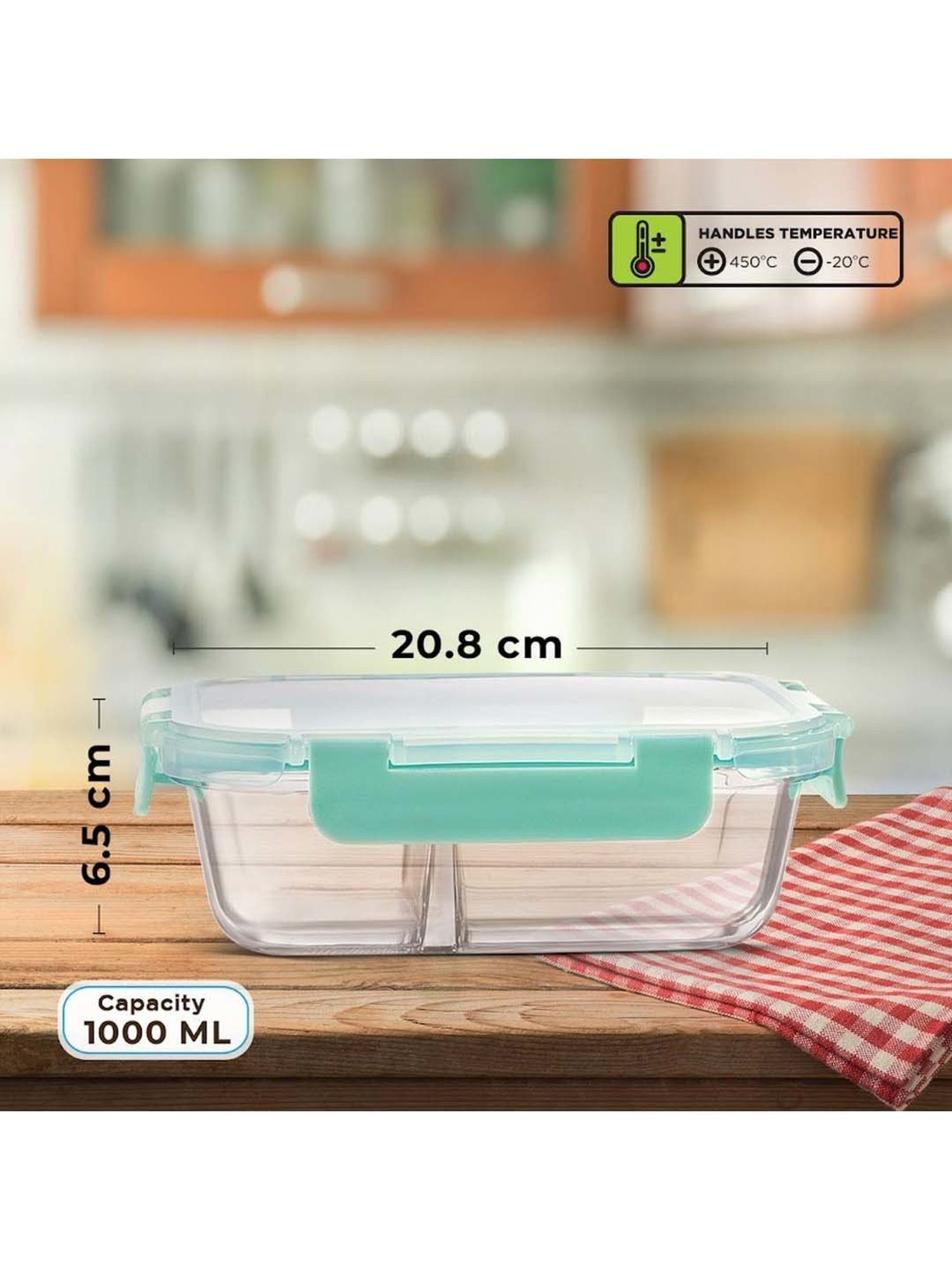 Allo Borosilicate Glass Lunch Box Microwave Safe With Detachable Lock and Chevron Mint Tiffin Bag