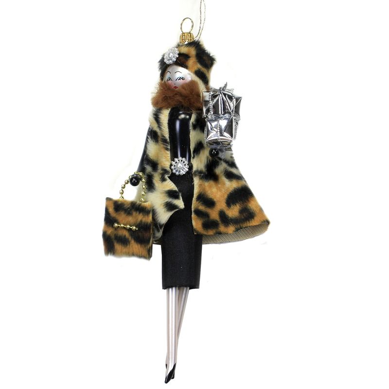 Italian Ornaments 7.25" Ariana In Faux Leopard Coat Ornament Italian Diva Lady  -  Tree Ornaments