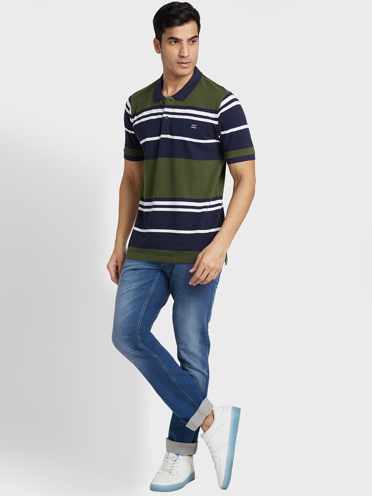 Colorplus Green & Blue Cotton Tailored Fit Striped Polo T-Shirt