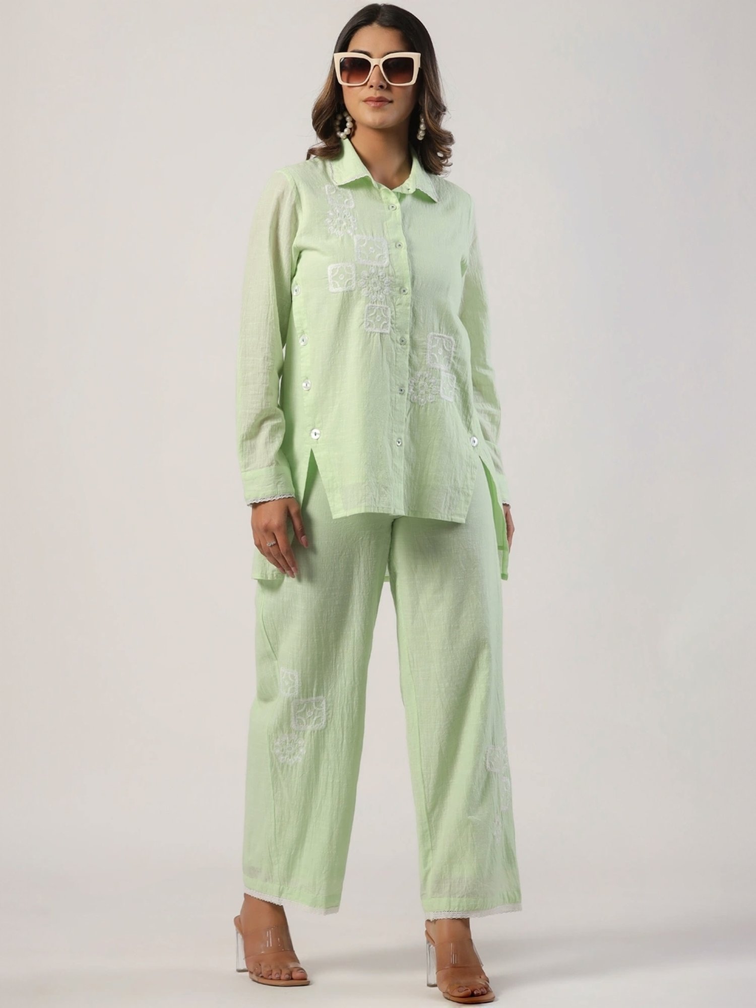 Zolo Label Pista Green Cotton Embroidered Shirt Palazzo Set