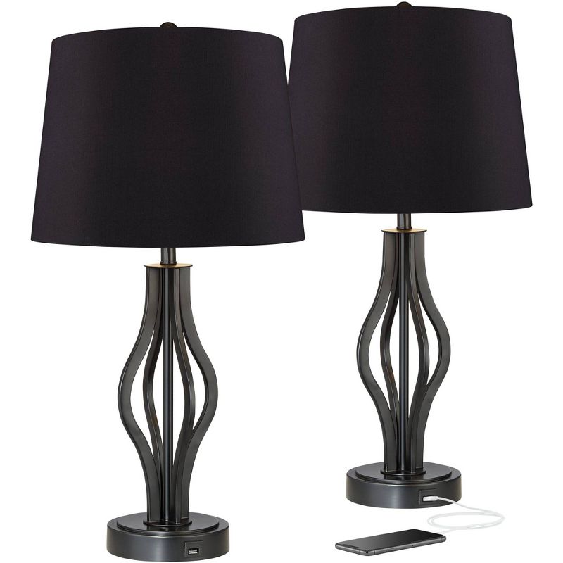 360 Lighting Heather Iron Black Shade Table Lamps with USB Ports Set of 2