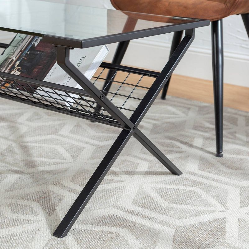 Modern Metal & Glass Coffee Table with Magazine Holder Black - Saracina Home