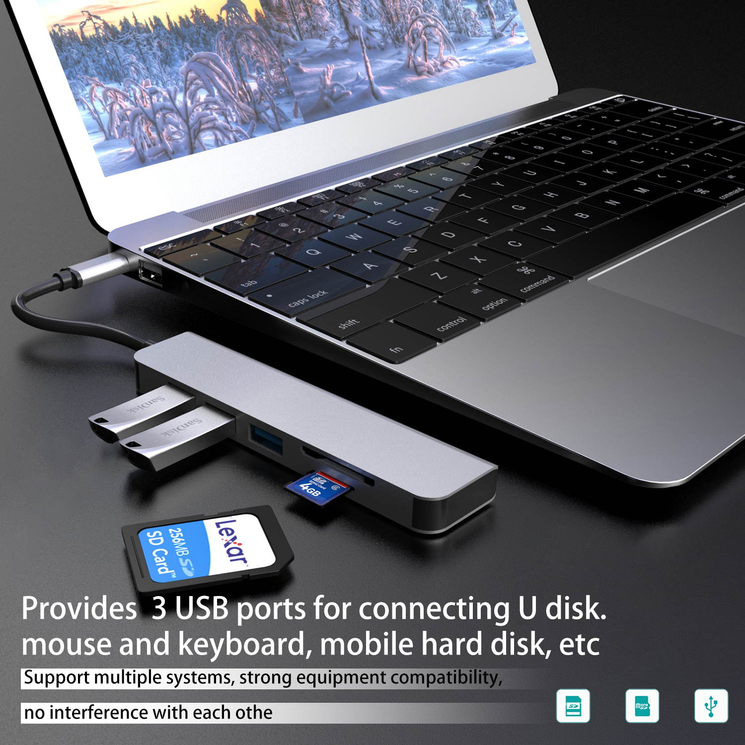 Computer USB converter 4 in 1 hub, HDMI Port Max 4K UHD 3840*2160@30HZ with  3 USB 3.0 Hub Ports up to 5Gbps for data syncing, Suitable for the Mac with TYPE C interface and mouse, card reader,etc.