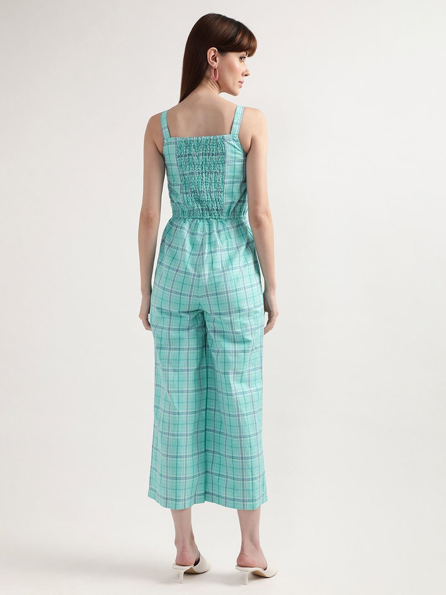 Elle Turquoise Linen Checks Jumpsuit