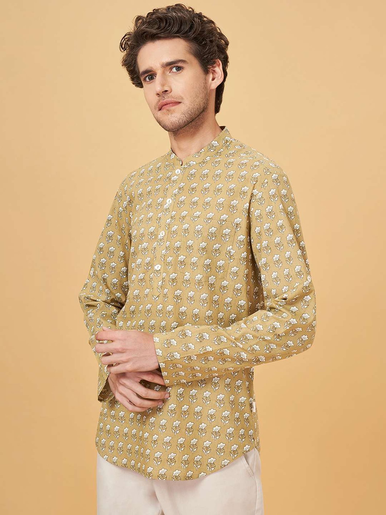 Indus Route By Pantaloons Honey Mustard Cotton Regular Fit Printed Short Kurta