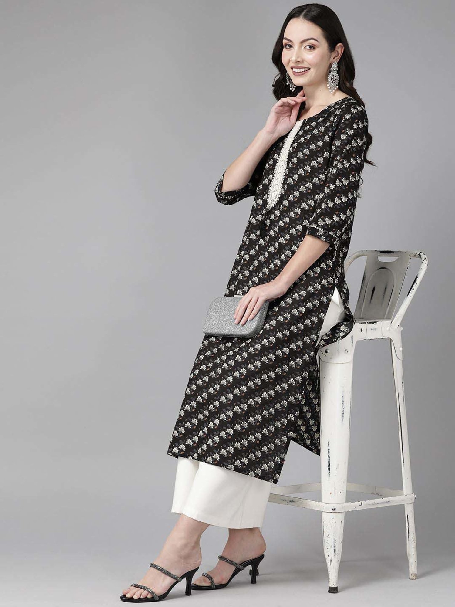 Cayman Black Cotton Floral Print Straight Kurta