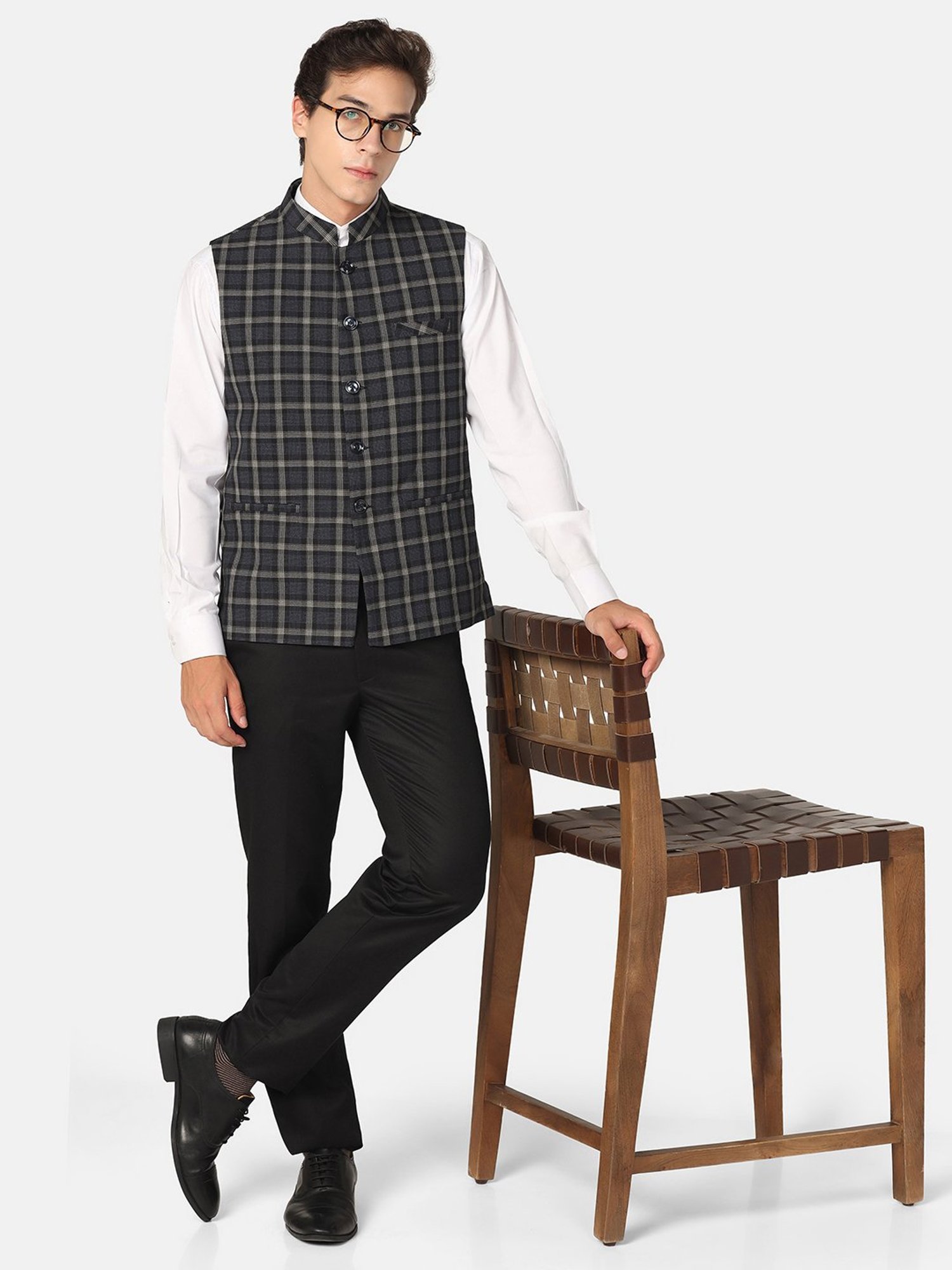 TAHVO Black Slim Fit Check Nehru Jacket