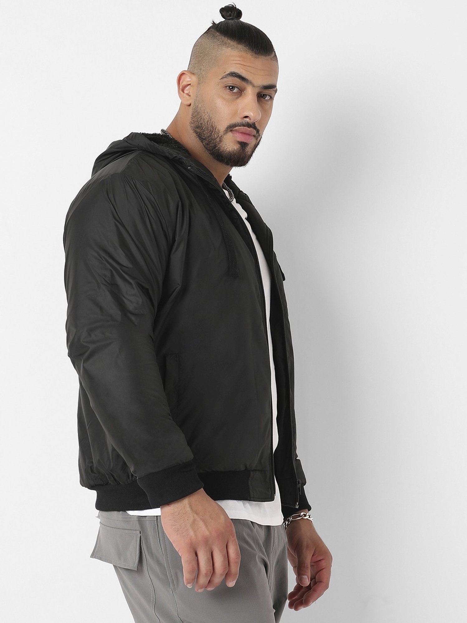 Instafab Plus Black Regular Fit Plus Size Hooded Jacket