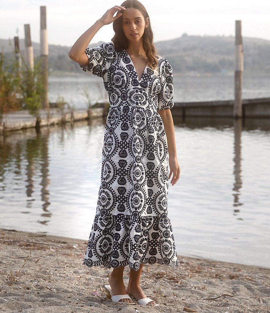 Adelyn Rae Eyelet Embroidered Puff Sleeve V-Neck Midi Dress