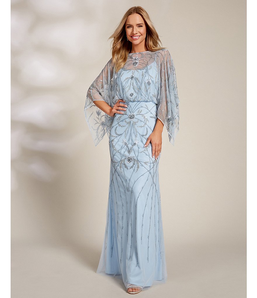 Aidan Mattox Fully Beaded 3/4 Flutter Sleeve Blouson Gown