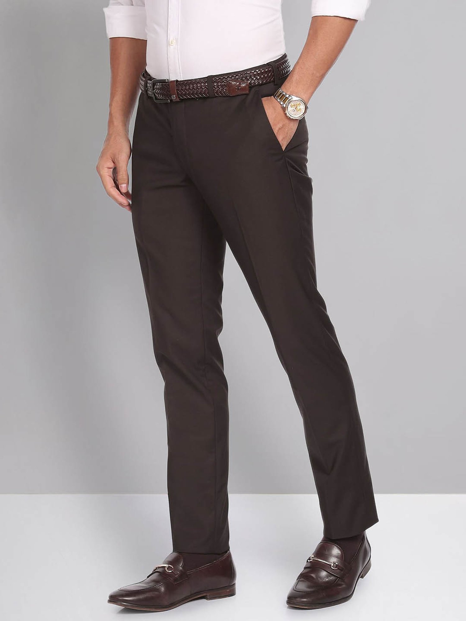 AD by Arvind Brown Slim Fit Flat Front Trousers
