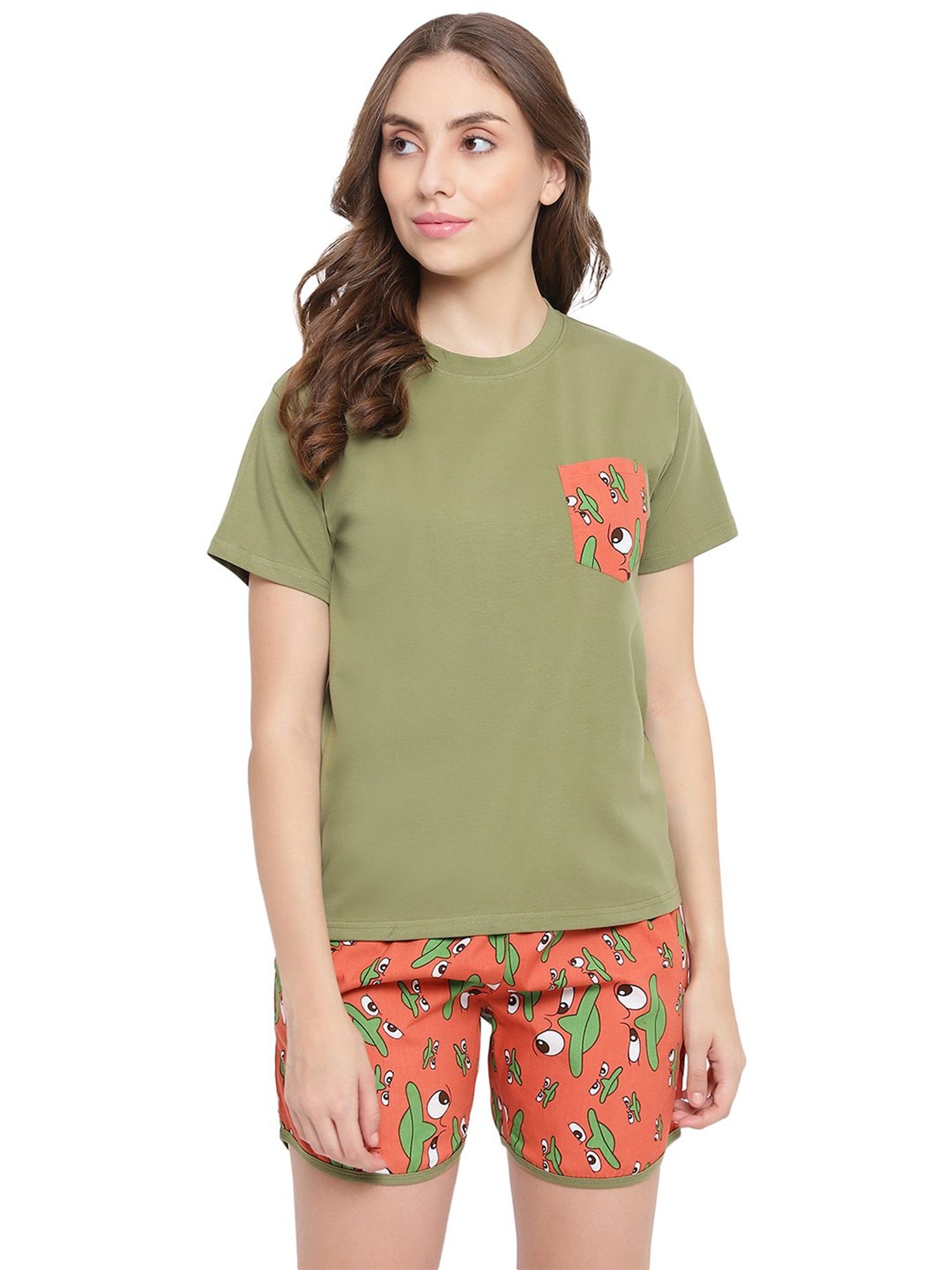 La Intimo Green Printed T-Shirt With Shorts