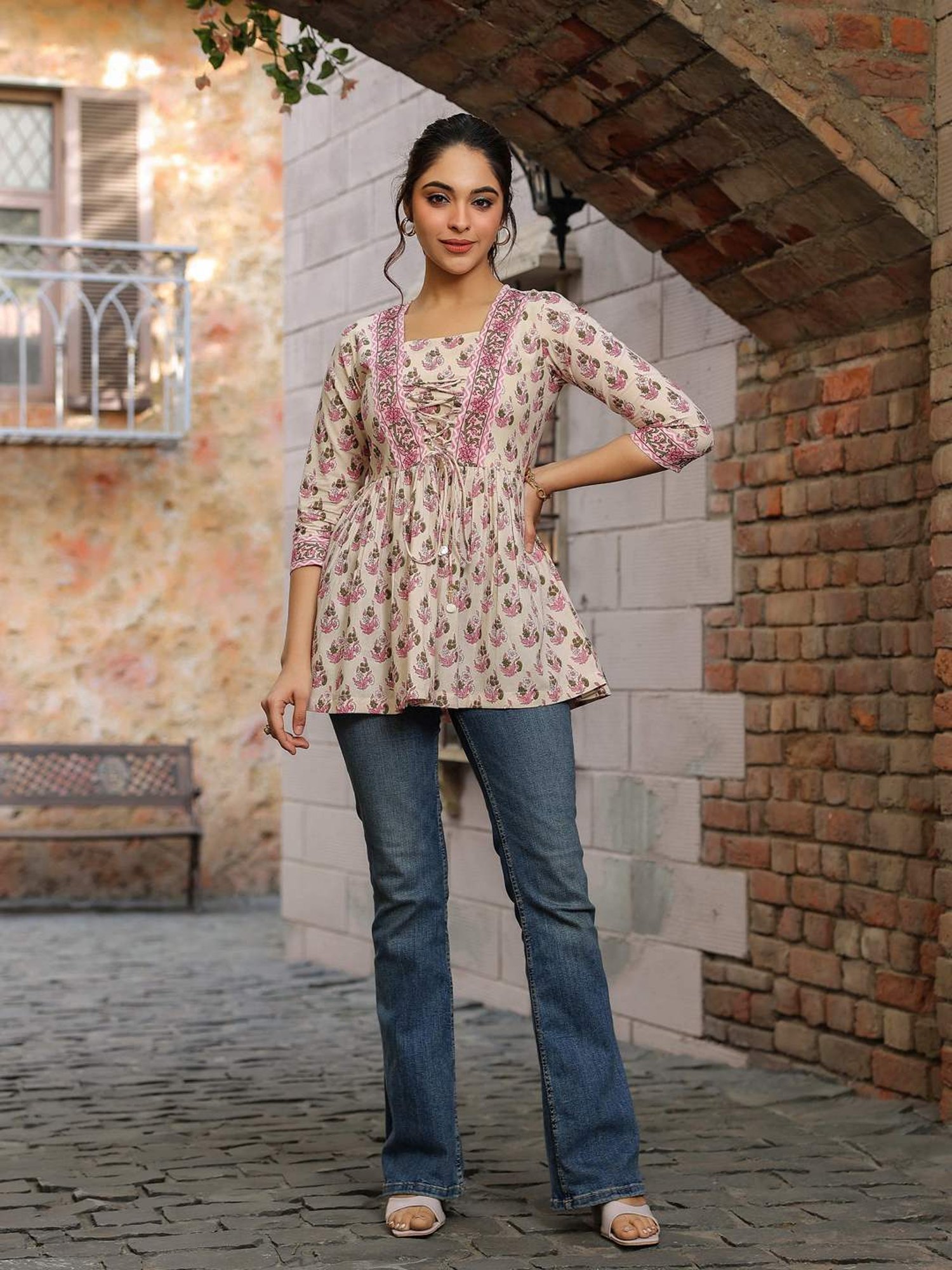 Rain and Rainbow Cream & Pink Cotton Floral Print Top