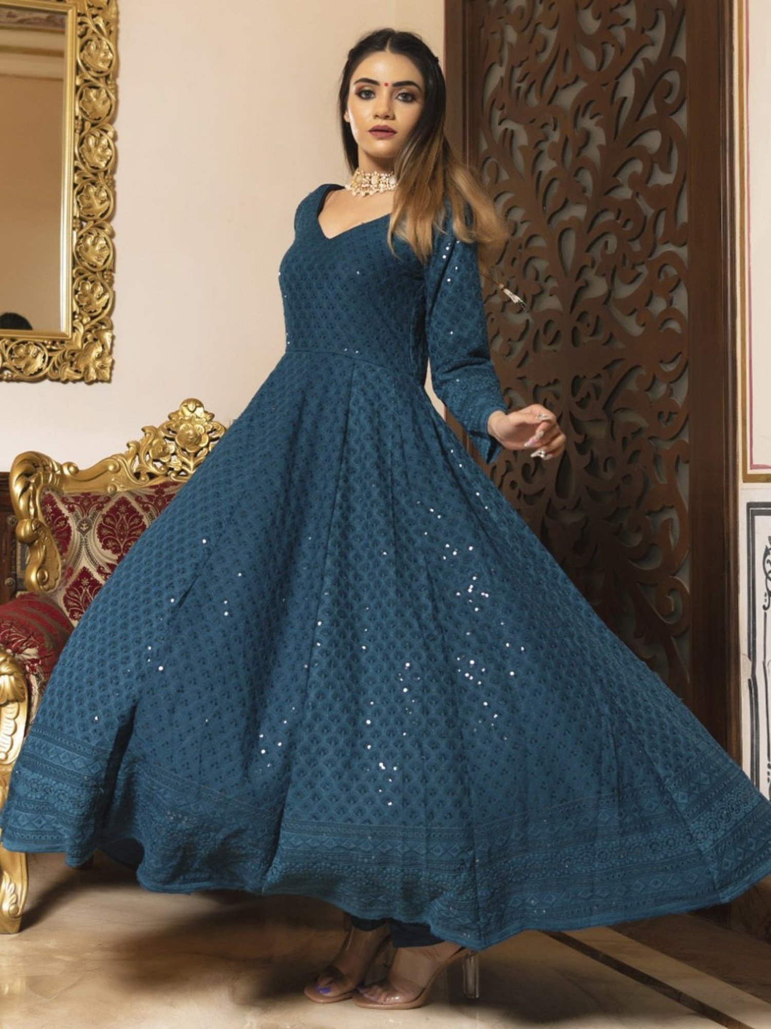 Calmna Blue Sea View Chikankari Anarkali Suit Set