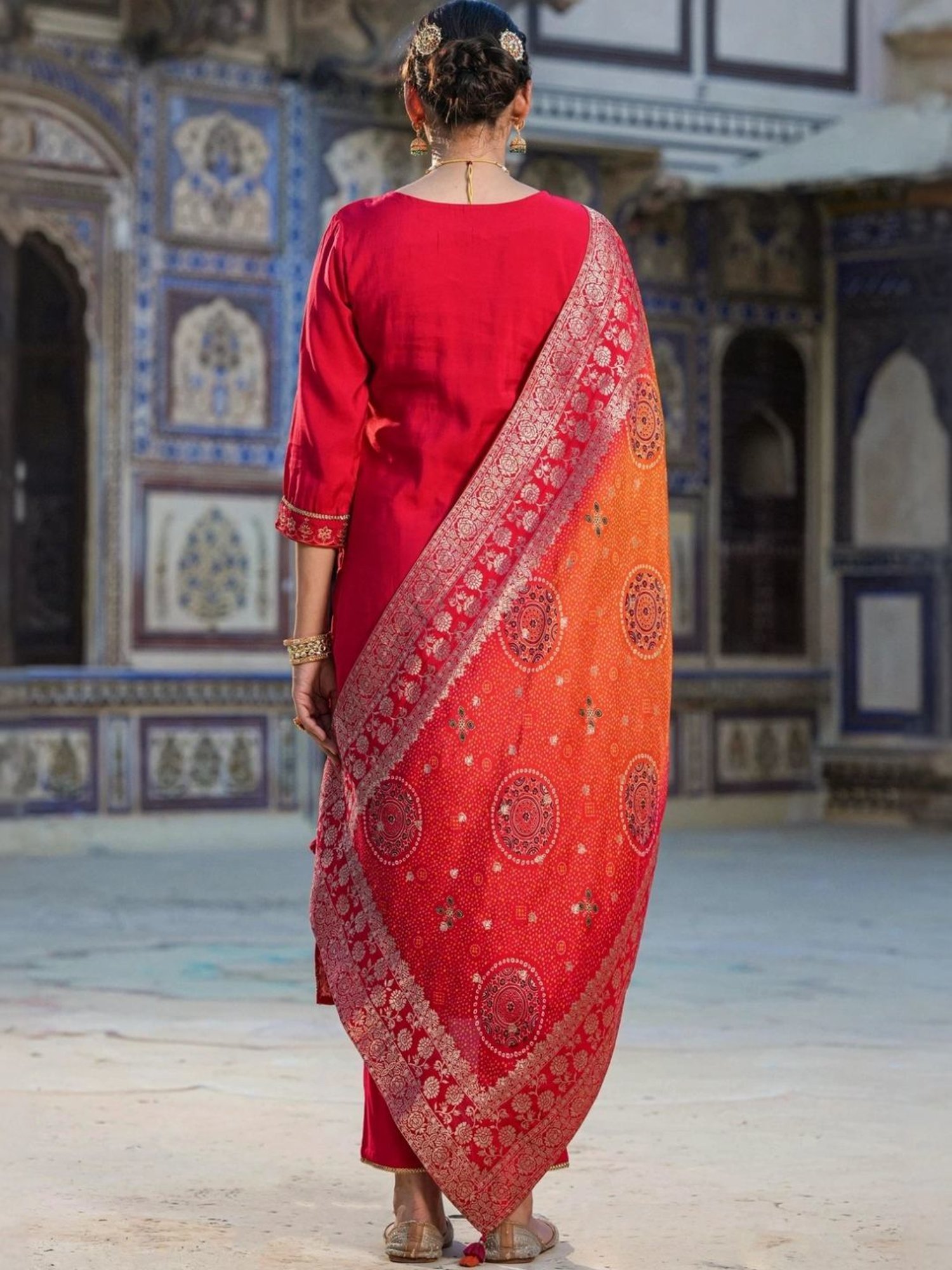 Scakhi Red Viscose Silk Embroidered Suit Set Kurta With Pant And Jacquard Dupatta
