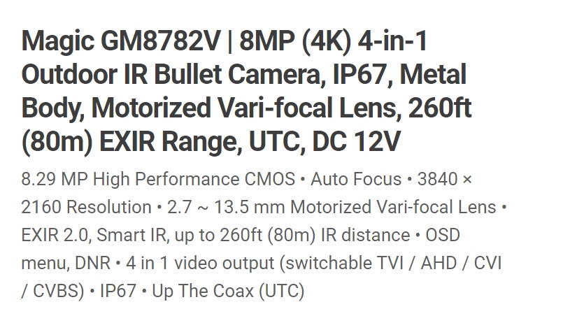 Eyemax Magic series TIR-GM8742V-W HD-TVI 8MP 4K UHD Outdoor Bullet IR Camera, 2.7mm-13.5 mm Motorized 12V DC