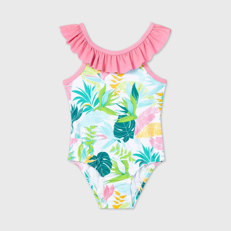 Toddler Girls' Floral Print One Piece Swimsuit - Cat & Jack™ White/Pink 2T