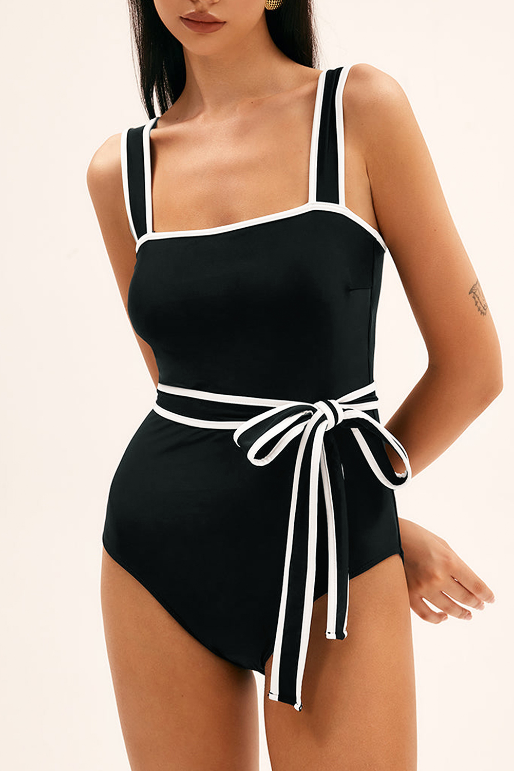 Rose Red Criss Cross Straps Tie Back Flared One Piece Swimsuit
