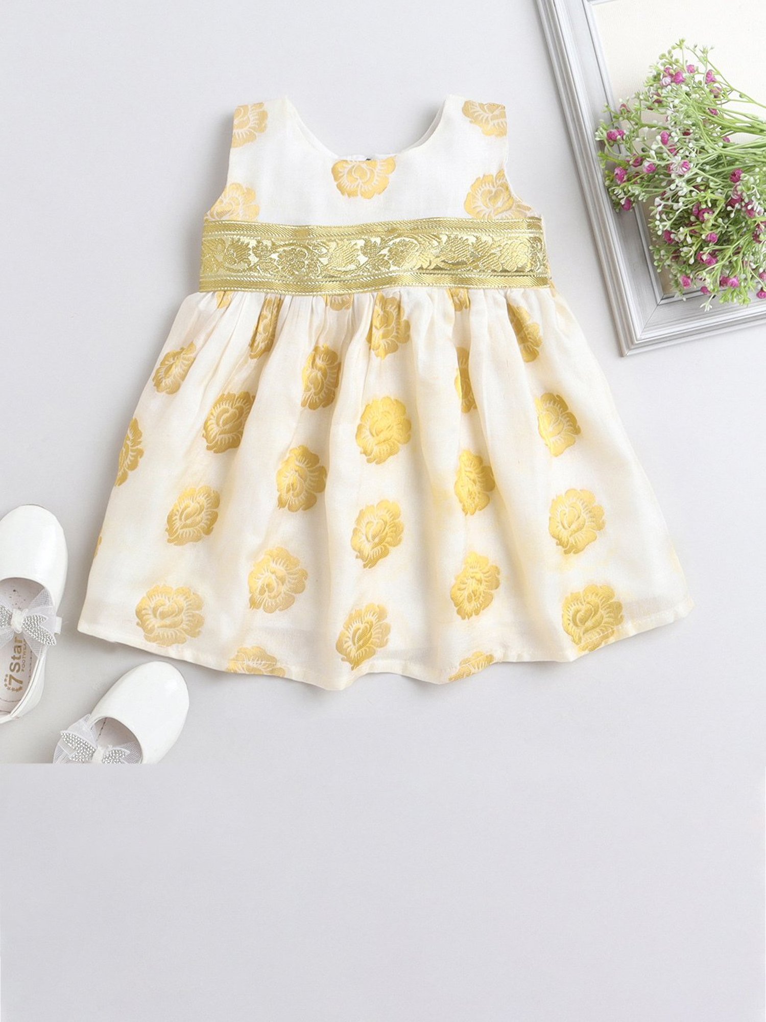 Many Frocks Kids Cream Embroidered Dress